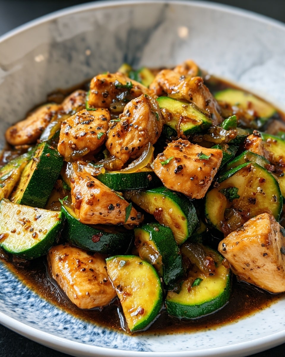 The image shows a close-up of a dish served in a white bowl with a blue speckled design, placed on a white marbled surface. The dish has two main layers: large chunks of golden-brown cooked chicken pieces with a slightly crispy texture on the outside, and thick slices of bright green zucchini mixed throughout. The chicken and zucchini are coated in a glossy, dark brown sauce with visible small bits of cooked onions and herbs scattered around, adding texture and color contrast. The food appears juicy and well-cooked, with flecks of black pepper sprinkled on top for seasoning. Photo taken with an iphone --ar 4:5 --v 7