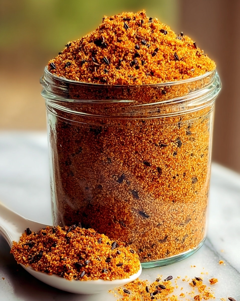 A clear glass jar filled to the brim with a coarse orange-brown spice mix speckled with black seeds, which creates a textured, grainy appearance. The spice is piled high above the jar rim in a rounded heap. A white spoon rests on the surface next to the jar, holding some of the spice, with grains spilling lightly onto the white marbled surface beneath. The background is soft and out of focus, highlighting the vivid color and texture of the spice blend. Photo taken with an iphone --ar 4:5 --v 7