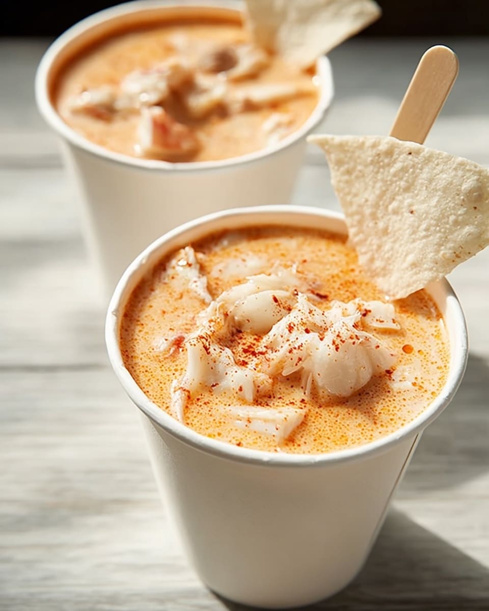Two white paper cups filled with creamy orange and white soup are shown. Each cup has visible chunks of white crab meat floating on top, sprinkled with red seasoning powder. A crisp white tortilla chip is placed on the edge of the front cup, partially dipped into the soup. A cream-colored spoon is inside the front cup on the right side. The cups are on a white marbled surface that looks smooth with soft light. The background is softly blurred, focusing on the closer cup. photo taken with an iphone --ar 4:5 --v 7