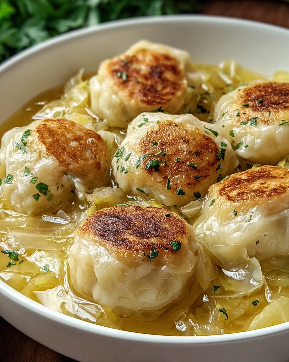 A white bowl filled with six round dumplings that have a light golden-brown crispy top layer, floating in a clear, light yellow broth with visible cabbage pieces. The dumplings have a smooth, slightly shiny texture, and are sprinkled with small green herb bits. The broth looks thin and warm, covering parts of the dumplings and cabbage, which is soft and translucent. The background shows some green leaves, adding a fresh touch. photo taken with an iphone --ar 4:5 --v 7