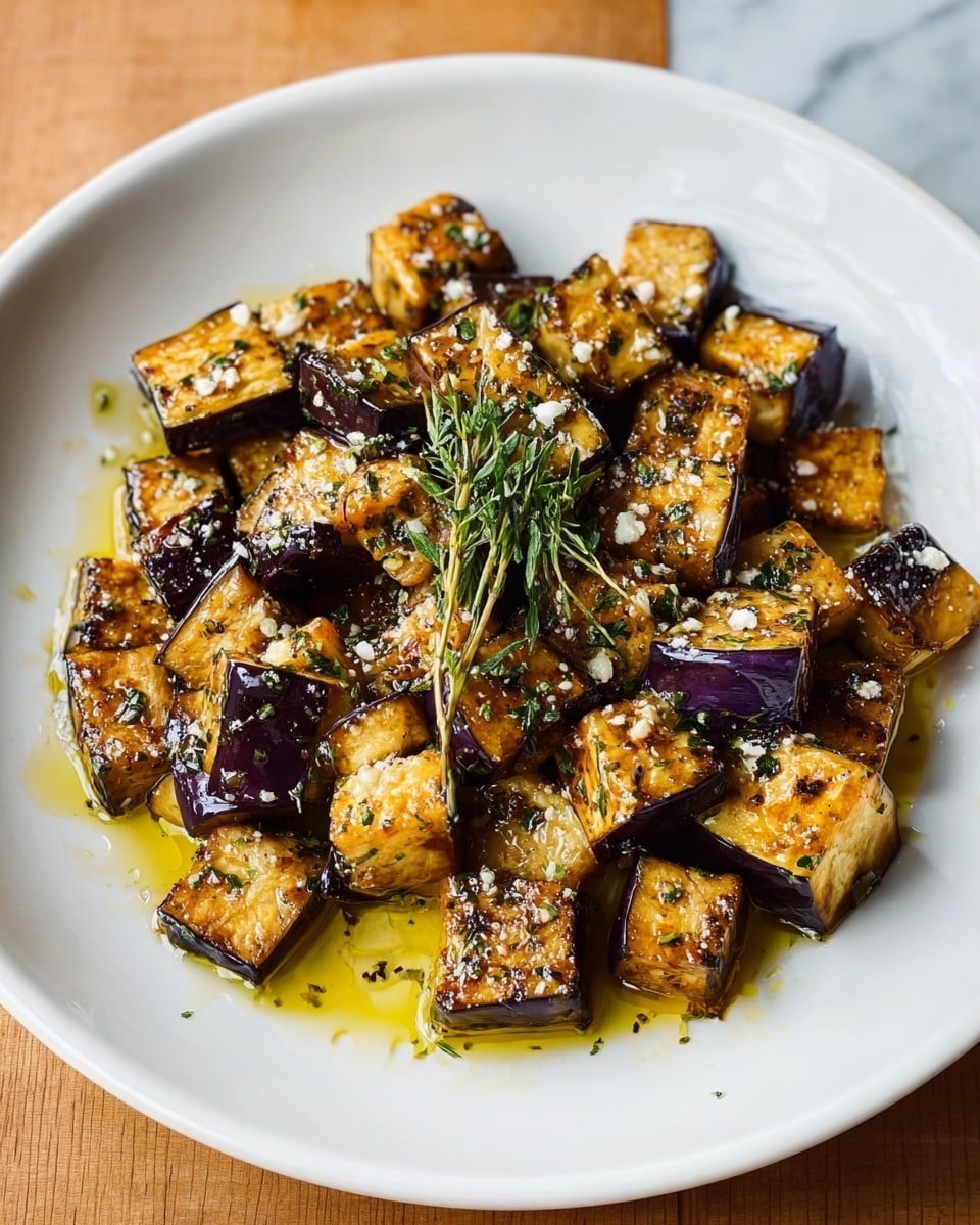 The image shows a white plate filled with many pieces of cooked eggplant cut into cubes. Each cube has a golden-brown, slightly crispy surface with hints of charred purple skin around the edges. The eggplant pieces are covered with a light sprinkle of herbs and small white crumbles, possibly cheese or garlic. A shiny, golden liquid, likely olive oil, pools at the bottom and lightly coats the cubes, adding a glossy texture. A small bundle of green herbs rests on top at the center, adding a fresh touch. The plate sits on a wooden surface replaced by a white marbled texture. photo taken with an iphone --ar 4:5 --v 7