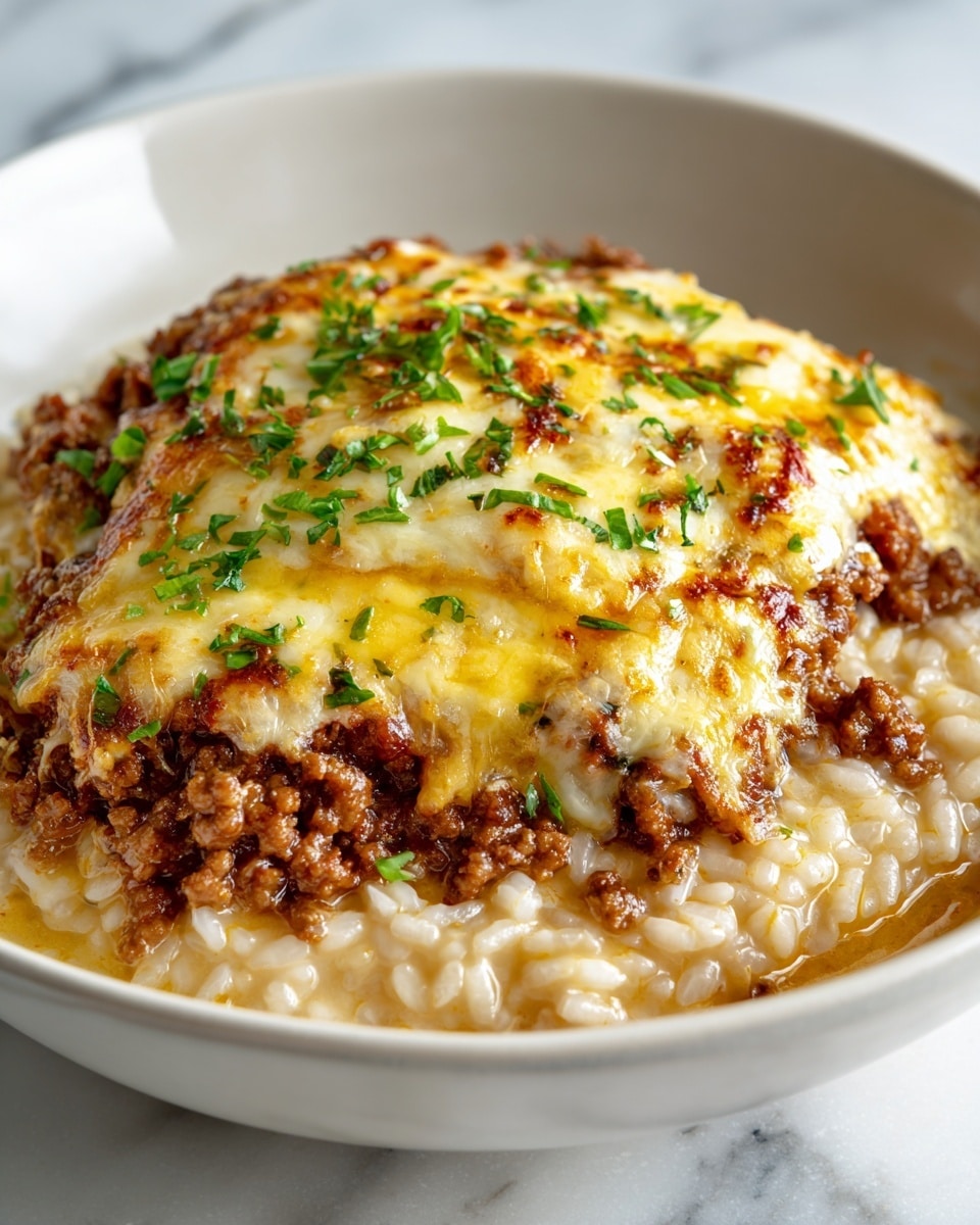 The dish shows a close-up of creamy white rice forming the base layer, topped with browned crumbled ground meat scattered evenly. The top layer is a blend of melted orange and white cheese, creating a marbled, gooey texture that covers the meat. Small green herb pieces are sprinkled over the cheese, adding color contrast. All contents are inside a round white bowl set against a white marbled texture background. photo taken with an iphone --ar 4:5 --v 7