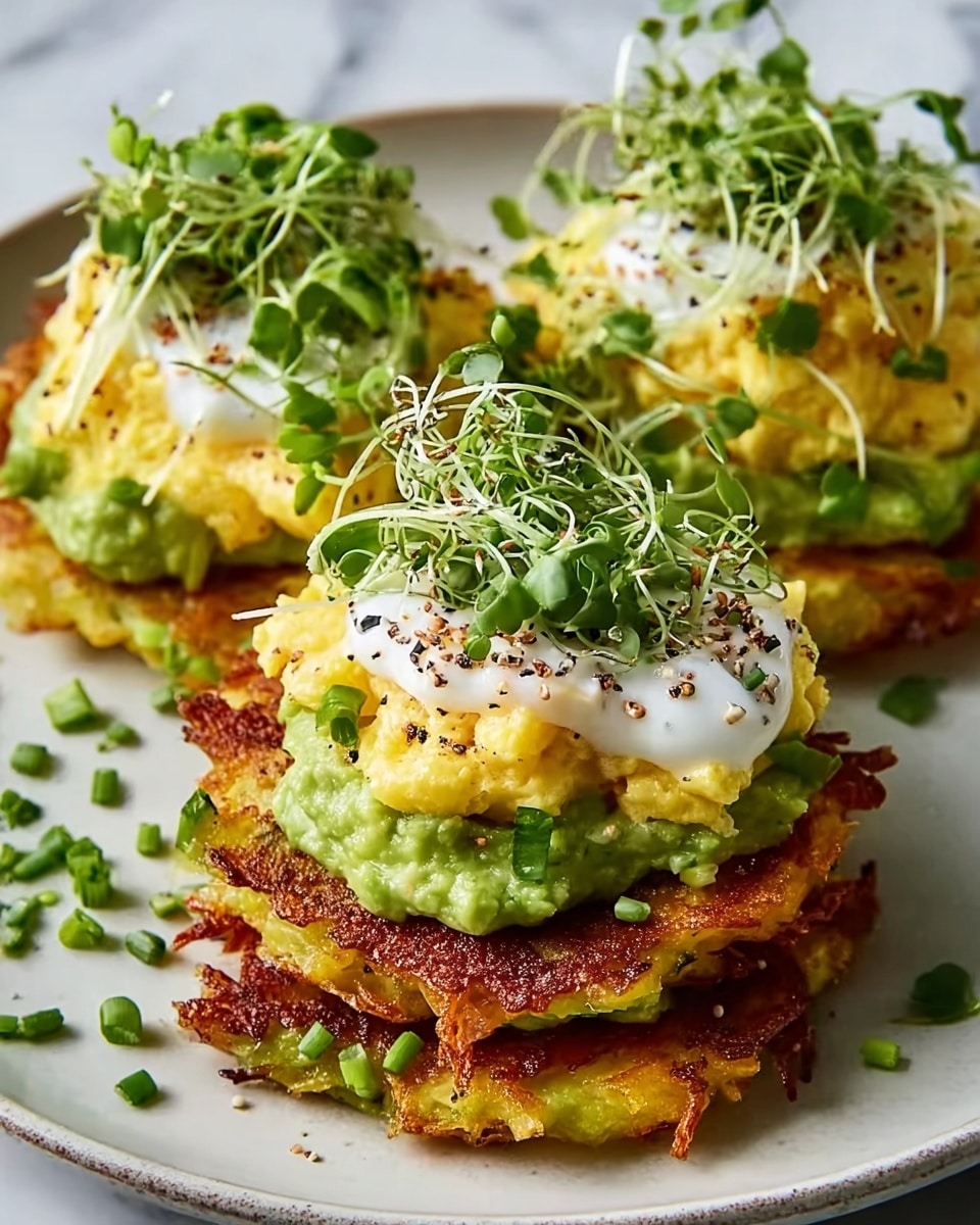 Four crispy golden-brown potato pancakes form the base layer, each topped with a smooth, bright green avocado spread. On top of that is a fluffy, pale yellow scrambled egg layer, crowned with a dollop of white sour cream sprinkled with black pepper and sesame seeds. The top is decorated with fresh green chopped chives and delicate green microgreens, all arranged neatly on a white plate set against a white marbled texture background. photo taken with an iphone --ar 4:5 --v 7