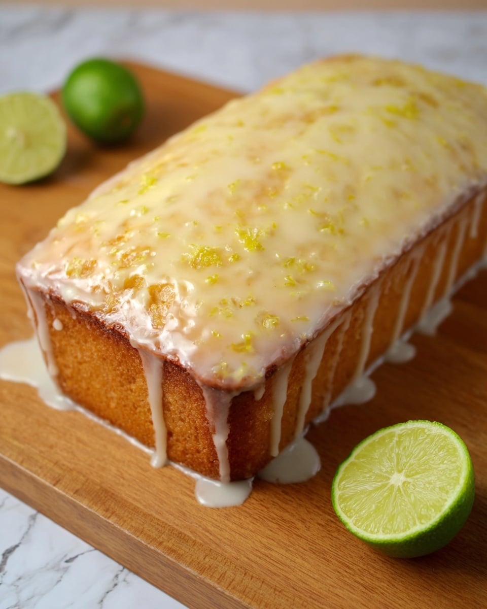 A rectangular loaf cake sits on a wooden board with a white marbled background, featuring a thick, pale yellow glaze that runs down all sides and pools slightly at the base. The top layer of the cake is golden with a slightly rough texture from the glaze soaking into it, showing hints of zest or small bits embedded in the glaze. Beside the cake, there are two small green limes, one whole and one cut in half revealing its juicy interior. The overall look is moist and fresh with soft edges and the glaze giving a shiny finish. photo taken with an iphone --ar 4:5 --v 7
