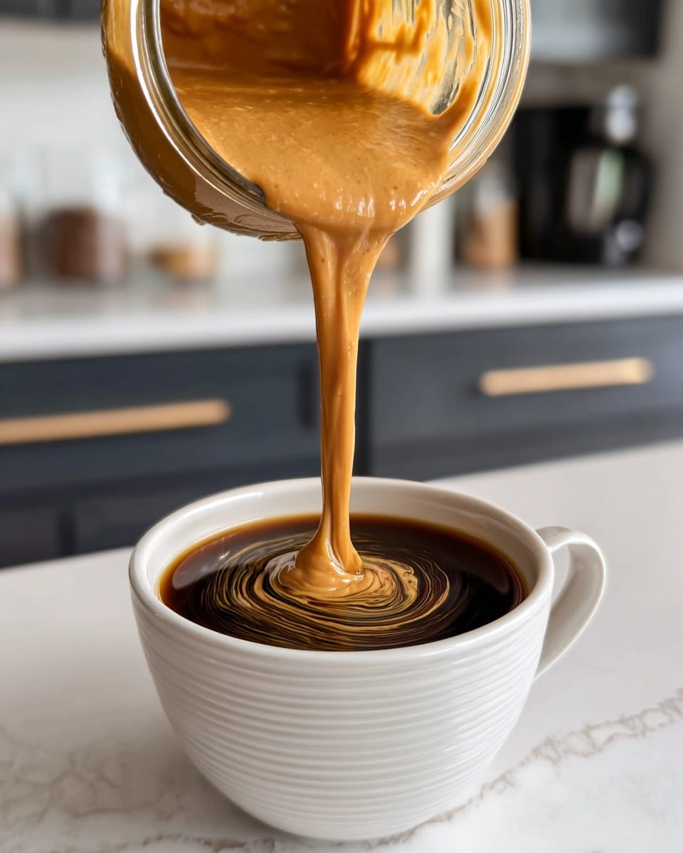 A close-up image shows a thick, creamy light brown sauce being poured from a glass jar into a white cup filled with dark black coffee. The sauce flows smoothly in a continuous swirl, creating a mix of light brown and black colors on the coffee’s surface. The background features a soft focus kitchen scene with cabinets and appliances, all resting on a white marbled countertop. Photo taken with an iphone --ar 4:5 --v 7