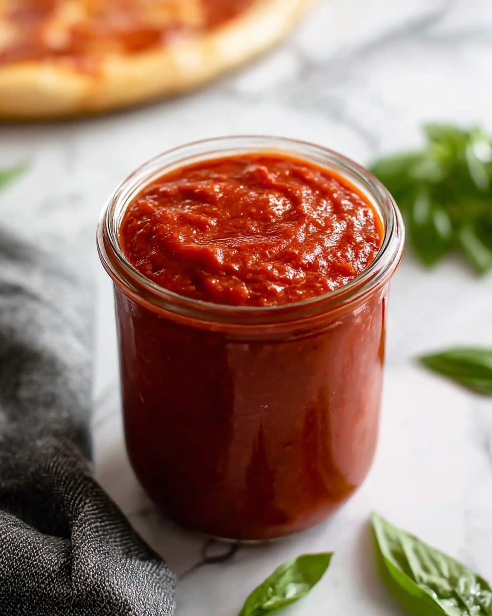 A clear glass jar filled to the top with a thick, deep red tomato sauce that has a slightly chunky texture. The surface of the sauce is uneven, showing a gentle swirl pattern that reflects light, giving it a fresh and rich look. The jar is standing on a white marbled surface with scattered bright green basil leaves around it and a gray cloth napkin nearby, adding a fresh and cozy feeling to the scene. In the blurred background, there is a glimpse of a white plate with pizza. photo taken with an iphone --ar 4:5 --v 7