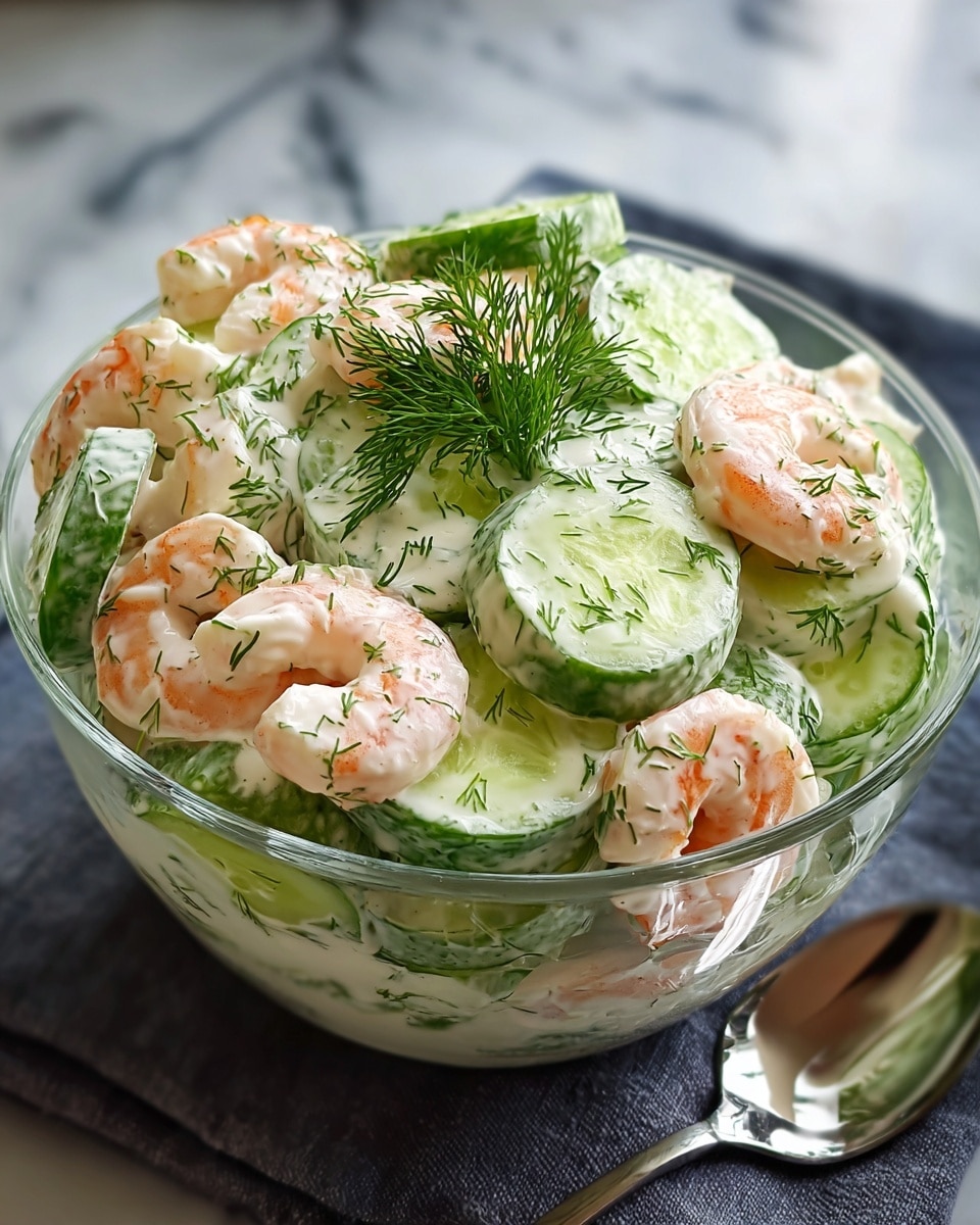 A clear glass bowl holds a shrimp and cucumber salad with a creamy white dressing. The salad has two main layers: the bottom layer is made of light green cucumber slices with a fresh, slightly wet texture, and the top layer is bright orange cooked shrimp coated in the same creamy white dressing, speckled with small green dill bits. A small bunch of fresh dill sits neatly on the top center of the salad as garnish. The bowl rests on a white marbled surface with a gray cloth underneath and a silver spoon in the background. photo taken with an iphone --ar 4:5 --v 7