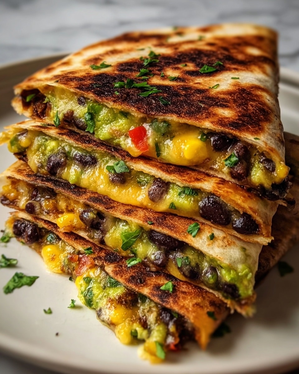The image shows four stacked pieces of quesadilla cut into triangular shapes, each piece having a browned, crispy outer tortilla layer with visible char marks. Inside each layer, there is a mix of melted cheese, black beans, green guacamole or avocado spread, and small bits of red and yellow vegetables, likely peppers or tomatoes, with some green herbs sprinkled within the filling and on top. The quesadillas are placed on a white plate, which rests on a white marbled surface. The top edges reveal the gooey, melted texture of cheese mingled with the colorful vegetable filling. Photo taken with an iphone --ar 4:5 --v 7