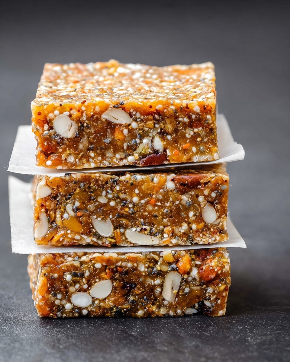 A close-up view of three stacked square granola bars separated by thin white paper sheets, each bar showing a textured mix of different small seeds, nuts, and dried fruit pieces in shades of light brown, white, and orange. The top bar is fully in focus, revealing a dense, slightly glossy surface with small white nut chunks and seeds evenly distributed. The bars rest on a smooth, dark surface creating contrast with their warm colors. Photo taken with an iphone --ar 4:5 --v 7
