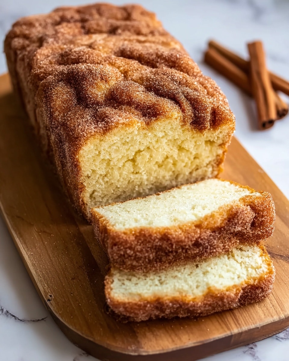 A loaf of cinnamon sugar bread is placed on a wooden board resting on a white marbled texture. The bread has a rough and uneven golden brown top layer coated thickly with granulated cinnamon sugar that gives a crunchy texture. The inside of the bread is soft and light yellow with a sponge-like texture, visible in two slices cut from the loaf and placed in front of it. Two cinnamon sticks are lying in the background on the white marbled surface. Photo taken with an iphone --ar 4:5 --v 7