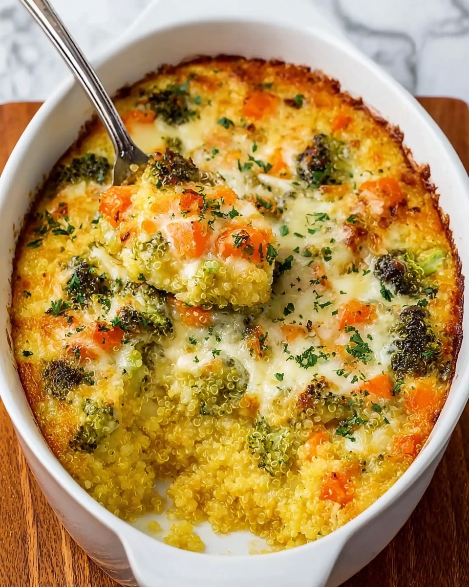 A white oval dish filled with a baked quinoa casserole showing two clear layers; the bottom layer is fluffy yellow quinoa mixed with small orange carrot pieces and bright green broccoli florets, while the top layer is melted cheese that is golden brown and bubbly, sprinkled with finely chopped fresh herbs. A spoon is scooping out part of the casserole, revealing the soft texture of the quinoa and vegetables underneath. The dish sits on a wooden surface with a white marbled texture background. photo taken with an iphone --ar 4:5 --v 7