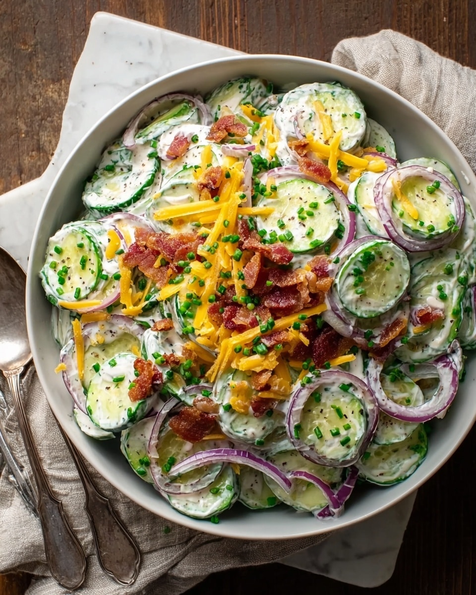 A white bowl filled with creamy cucumber salad on a white marbled surface, showing several thin slices of bright green cucumber mixed with thin purple onion rings and covered in a white creamy dressing with black specks. On top, there are layers of shredded yellow cheddar cheese and small crispy reddish-brown bacon pieces sprinkled with chopped green chives for color contrast. The bowl is placed next to two old silver spoons and a beige cloth napkin, adding a rustic feel to the scene. Photo taken with an iphone --ar 4:5 --v 7