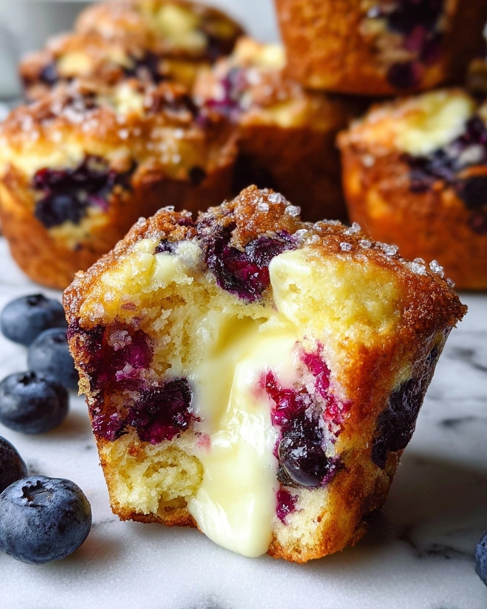 A close-up view of a broken blueberry muffin with a soft, moist yellow cake interior filled with melting creamy white cheese. The muffin's outer crust is golden brown and slightly crunchy with sparkling sugar crystals on top. Inside, there are dark purple and red blueberries, some whole and some bursting with juice, creating vibrant purple and red pockets in the muffin. More whole muffins with similar textures and colors are blurred in the background, all placed on a white marbled surface with scattered fresh blueberries nearby. photo taken with an iphone --ar 4:5 --v 7