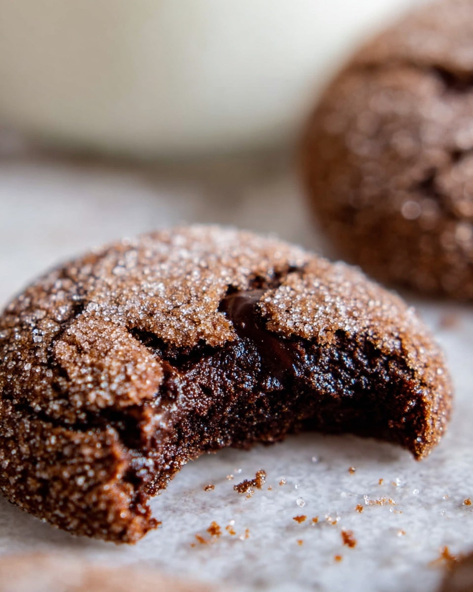 A close-up view of a soft, round dark brown cookie with a rough sugar coating that is cracked on the top layer, showing a gooey, chocolatey inside that looks rich and soft. The cookie has a bite taken from its side, revealing the moist inside texture. The cookie sits on a white marbled texture with small crumbs scattered around it. In the blurred background, another whole cookie with a similar texture is visible along with the bottom of a white container. photo taken with an iphone --ar 4:5 --v 7