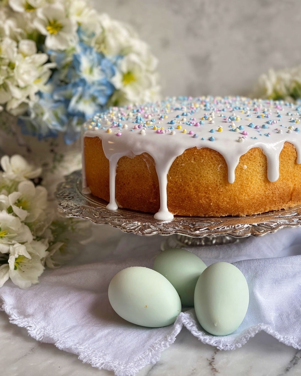 The image shows a single-layer round cake with a soft golden brown base. The top layer is covered with white icing that drips slightly over the edges, decorated with small, round pastel-colored sprinkles in blue, yellow, pink, and white scattered evenly across the surface. The cake sits on an ornate silver cake stand, and in front of it are three pale green eggs resting on a white cloth. In the background, there are bunches of white and light blue flowers, all placed on a white marbled surface. Photo taken with an iphone --ar 4:5 --v 7