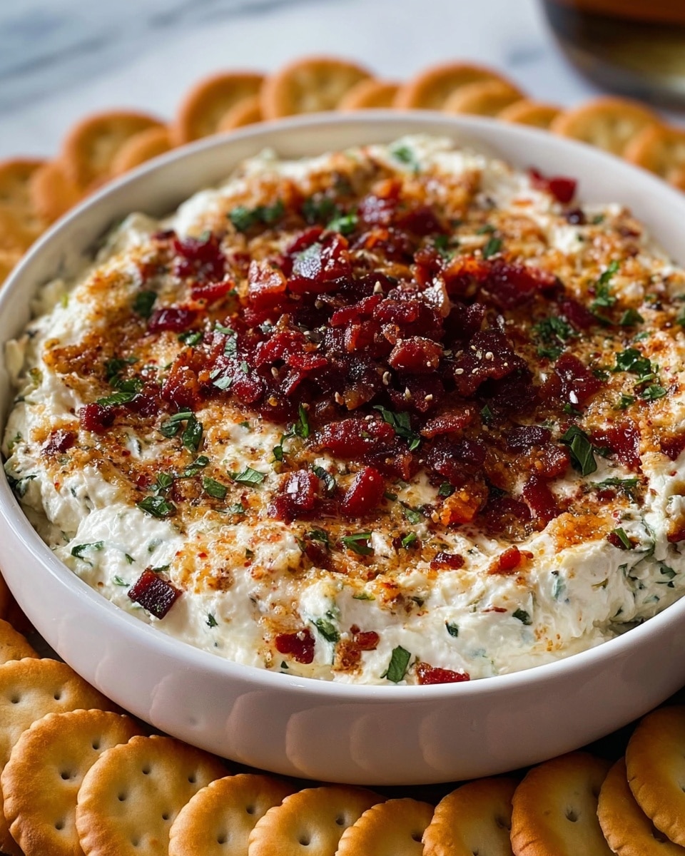 A dish showing a white bowl filled with three layers of food, placed on a white marbled surface. The bottom layer is a fluffy creamy mixture with green herbs mixed into it, having a soft and slightly crumbly texture. The second layer is a light brown, slightly toasted topping spread unevenly across the cream, with bits of herbs and red spices. The top layer consists of small pieces of crispy deep red bacon or meat scattered densely, with fresh green herb bits sprinkled all over, adding color contrast. Around the bowl, a circle of golden-brown round crackers is placed neatly. Photo taken with an iphone --ar 4:5 --v 7