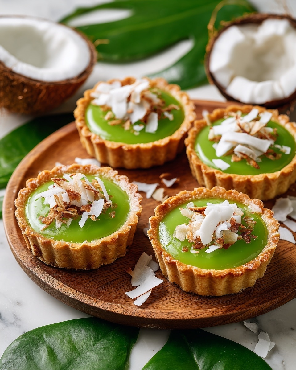 Four small tartlets sit on a round wooden tray, each with a golden-brown crust that has a slightly scalloped edge. The crust forms the base and sides, holding a smooth, glossy bright green filling that almost looks like a pudding or custard. On top of each filling, there is a small heap of toasted shredded coconut, with some pieces white and others lightly browned, adding texture and contrast. Around the tray are green tropical leaves and halved coconuts with white coconut flesh showing, set on a white marbled background. The photo taken with an iphone --ar 4:5 --v 7
