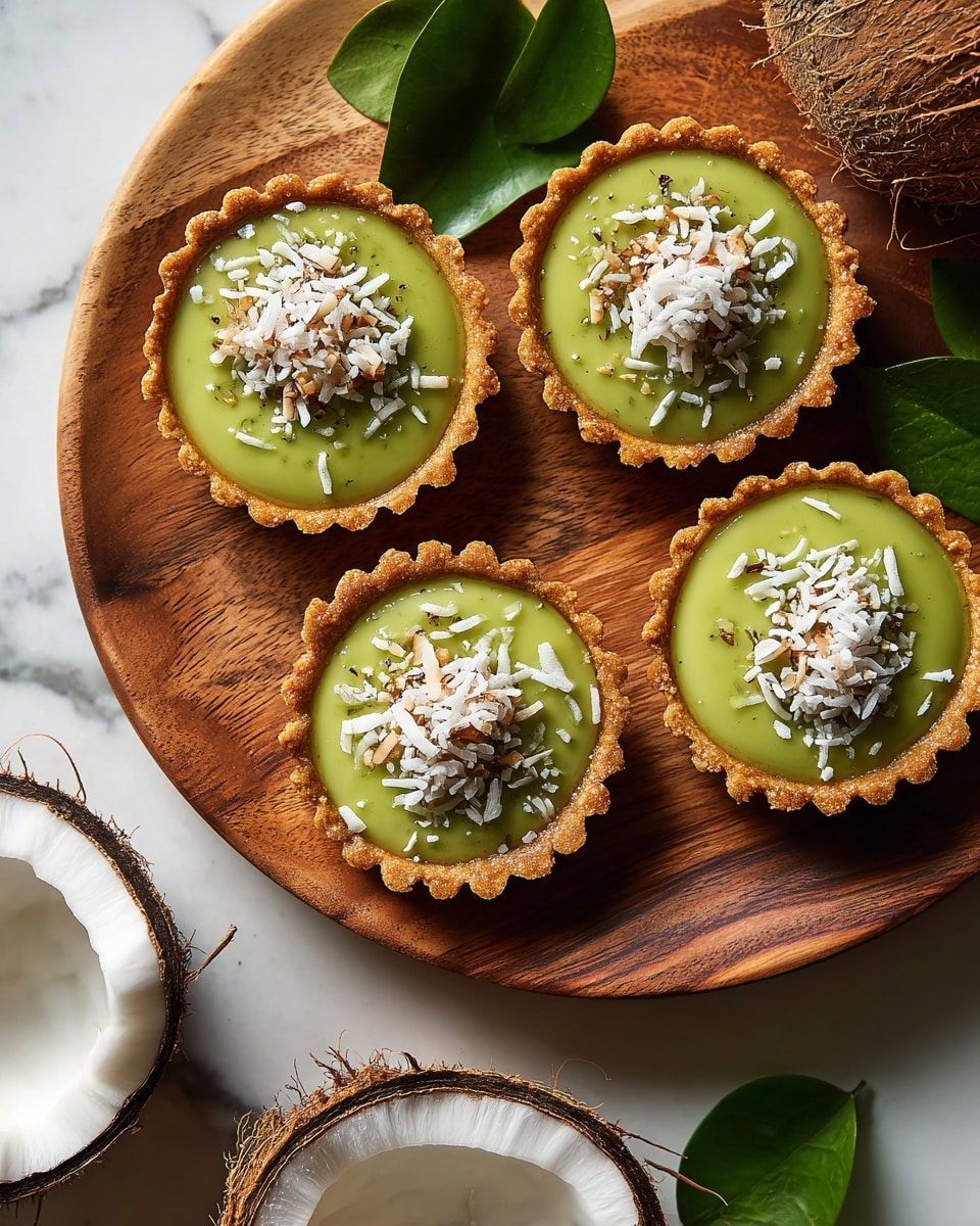 Four small tarts sit on a round wooden plate placed on a white marbled surface, each tart having a golden-brown, scalloped crust. Inside each crust is a smooth, glossy layer of bright green filling topped with a small mound of finely shredded toasted coconut and white rice grains in the center. Around the plate, there are cracked open coconuts showing white coconut meat, and bright green leaves placed to add natural color. The overall look is fresh and vibrant with natural tones. Photo taken with an iphone --ar 4:5 --v 7