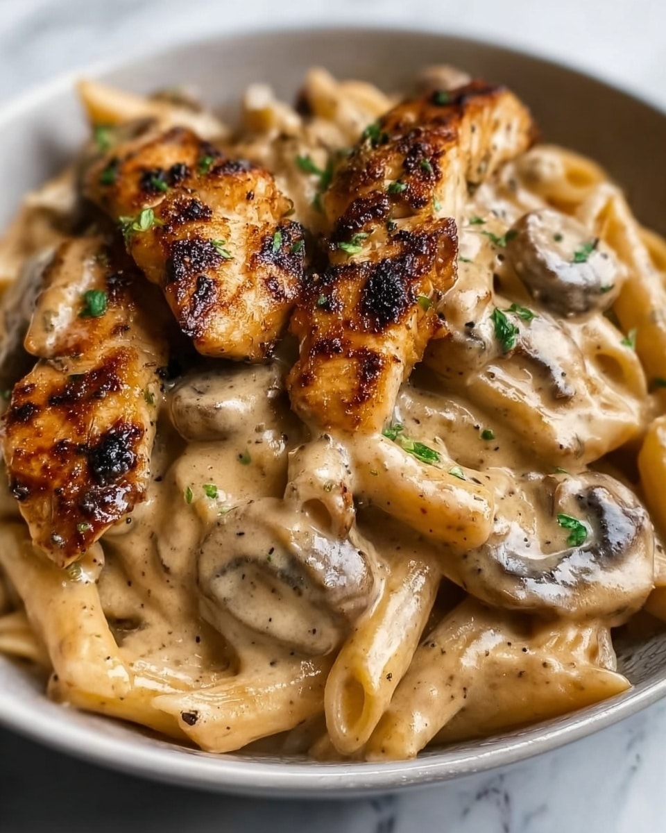 The dish is served on a white plate placed on a white marbled surface. The bottom layer consists of creamy pasta with penne noodles coated in a light beige sauce speckled with herbs. On top, there are grilled pieces of chicken with golden brown grill marks and a slightly charred texture. Scattered throughout the pasta are slices of cooked mushrooms blending into the sauce. The grilled chicken is garnished with small bits of green herbs, adding a touch of color to the warm tones of the dish. The sauce looks creamy and rich, covering both the pasta and chicken evenly. photo taken with an iphone --ar 4:5 --v 7