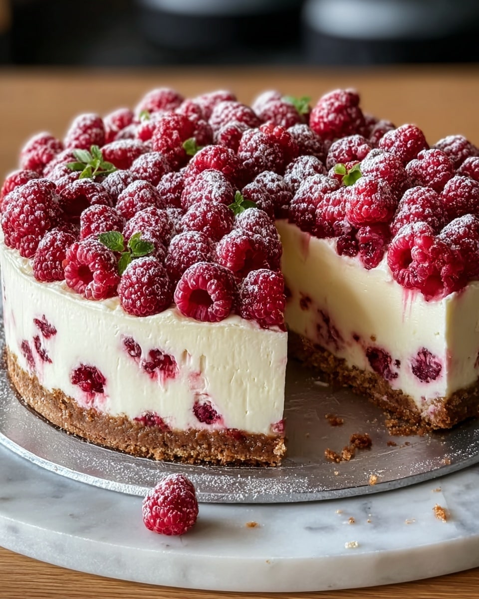 A three-layer raspberry cheesecake sits on a silver round board, placed on a white marbled surface. The bottom layer is a crumbly light brown crust. The middle layer is a thick creamy white cheesecake filled with fresh red raspberries scattered inside. The top layer is a dense spread of white cream, covered with a thick, even layer of whole bright red raspberries, some with small green leaves, and lightly dusted with powdered sugar. A slice is removed to show the inside layers clearly. Photo taken with an iphone --ar 4:5 --v 7