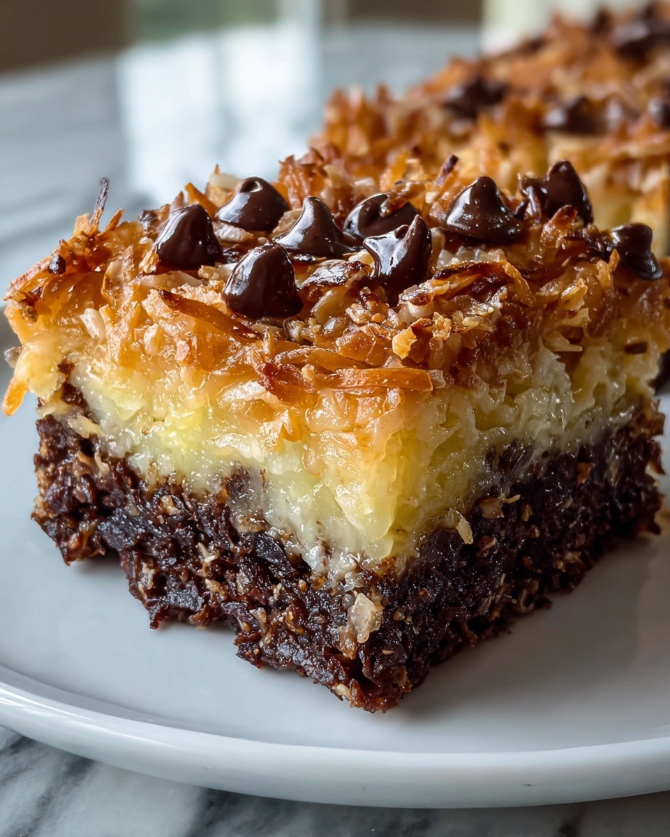 A close-up of a square piece of dessert with three clear layers on a white plate. The bottom layer is dark brown, moist, and dense, textured like chocolate cake or brownie. The middle layer is thick, sticky, and pale yellow, made up of shredded coconut. The top layer is golden brown with toasted coconut flakes, pecans, and shiny, dark chocolate chips spread evenly across the surface. The plate rests on a white marbled surface. photo taken with an iphone --ar 4:5 --v 7