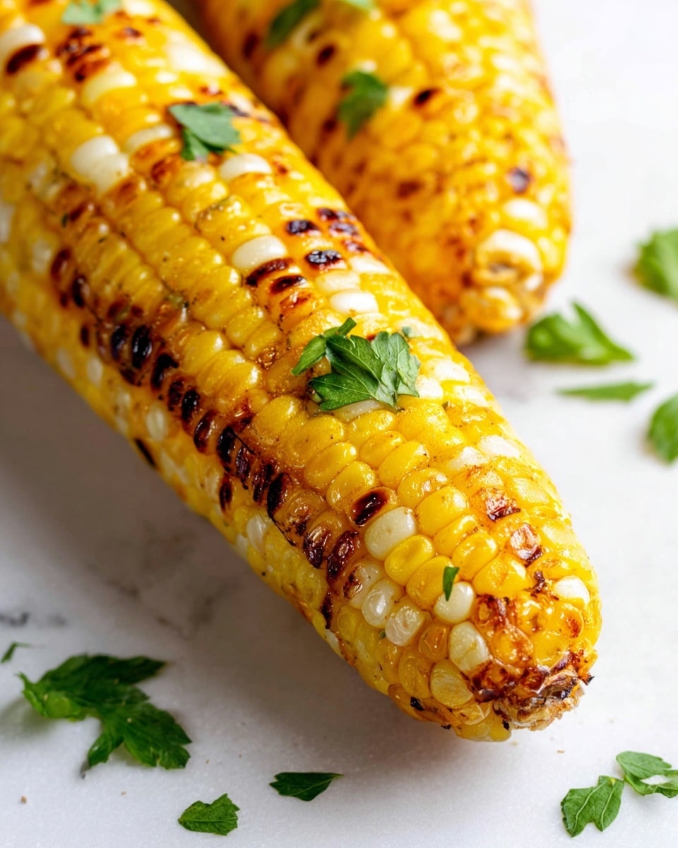 Two grilled corn cobs are shown close up on a white marbled surface. Each cob has rows of yellow and white kernels with some kernels browned and charred, showing a crisp texture. Small green parsley leaves are scattered on top of the corn and on the surface nearby, adding fresh color contrast. The image captures the shiny, slightly oily look of the corn from grilled butter or oil. Photo taken with an iphone --ar 4:5 --v 7