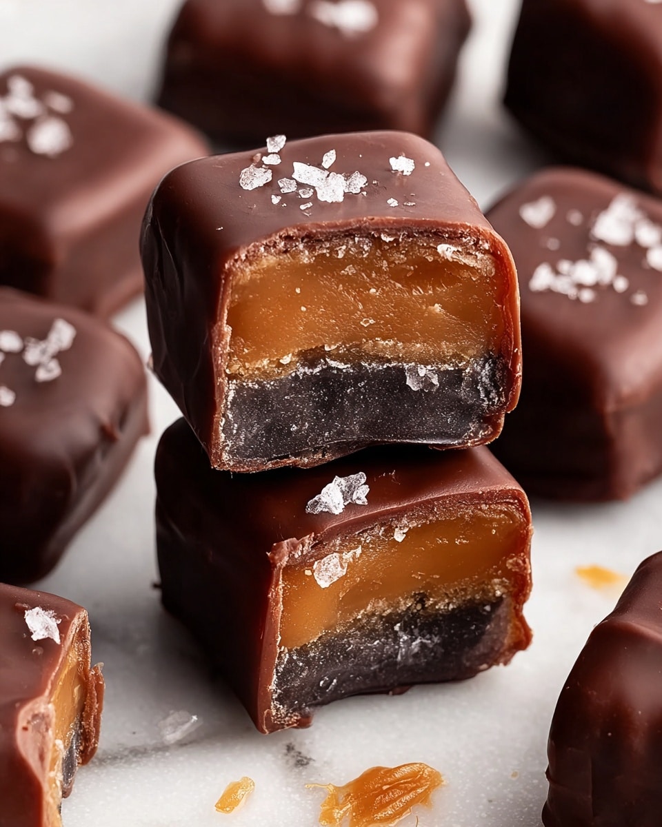 A close-up view of several square-shaped chocolate-covered caramels stacked on a white marbled surface. The two caramels in front are cut in half, showing three layers inside: a glossy dark brown chocolate outer layer, a light brown soft caramel middle layer with a slightly crumbly texture, and a darker, almost black center layer. The top caramel has a few small white salt flakes sprinkled on it, adding texture contrast. The background caramels are whole, with a smooth, shiny chocolate coating. Small caramel crumbs are scattered around the pieces. photo taken with an iphone --ar 4:5 --v 7
