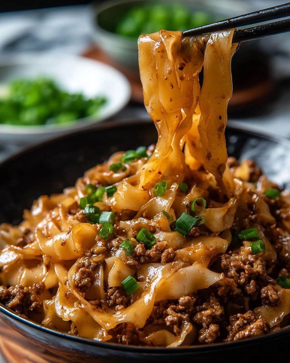 The image shows a close-up of a black bowl filled with wide, glossy noodles mixed with small pieces of cooked ground meat and sprinkled with chopped green onions. The noodles have a rich brown sauce coating them, giving a shiny and slightly oily texture. A pair of black chopsticks is lifting some noodles from the bowl, showing the thickness and translucence of the noodles. In the blurred background, there is a bowl with chopped green onions on a white marbled surface. photo taken with an iphone --ar 4:5 --v 7
