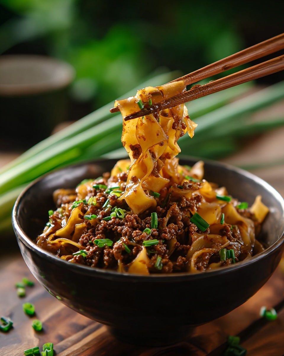 A dark bowl filled with broad, wavy noodles coated in a shiny brown sauce lifts a generous portion held by wooden chopsticks above it. Underneath and mixed in are small bits of cooked ground meat with a rich brown color, scattered with bright green chopped chives, adding texture and color contrast. The bowl sits on a wooden surface with scattered chive pieces nearby, all set against a blurred background of green spring onion stalks. The whole scene rests on a white marbled texture. Photo taken with an iphone --ar 4:5 --v 7