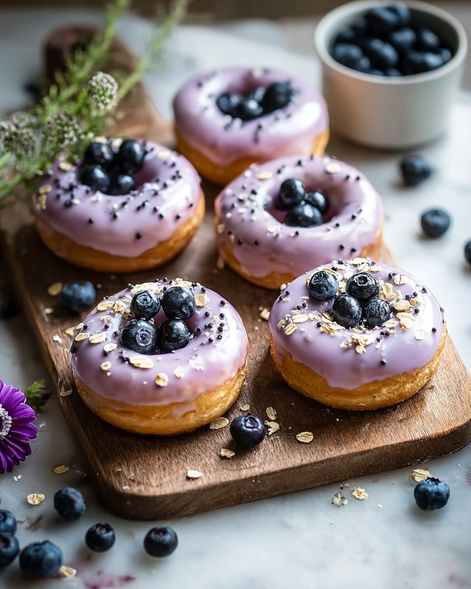 Five donuts with a light golden brown base are shown on a wooden board. Each donut has a shiny, smooth layer of light purple glaze on top. Some donuts are decorated with small dark blueberries and sprinkled with light oat flakes, while others have a few blueberries in the center. Around the board, there are scattered fresh dark blueberries, a small white cup filled with blueberries in the background, and a sprig of green herb and a violet flower on the white marbled surface. The setting looks cozy with soft natural light photo taken with an iphone --ar 4:5 --v 7