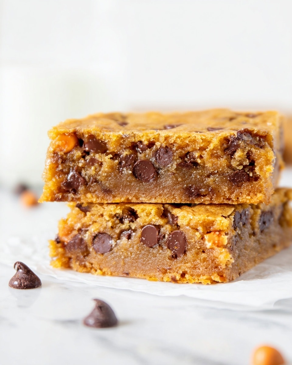 The image shows two stacked thick squares of a soft, chewy cookie bar with a golden-brown exterior and a moist, slightly gooey interior that is packed with melted dark brown chocolate chips and small pieces of orange-colored butterscotch chips. The texture looks dense with the chocolate chips slightly glossy and partially melted, embedded evenly throughout each cookie layer. The bars rest on a piece of white parchment paper placed on a white marbled surface, with one loose chocolate chip nearby. The background is bright and white, keeping the focus on the close-up dessert. Photo taken with an iphone --ar 4:5 --v 7