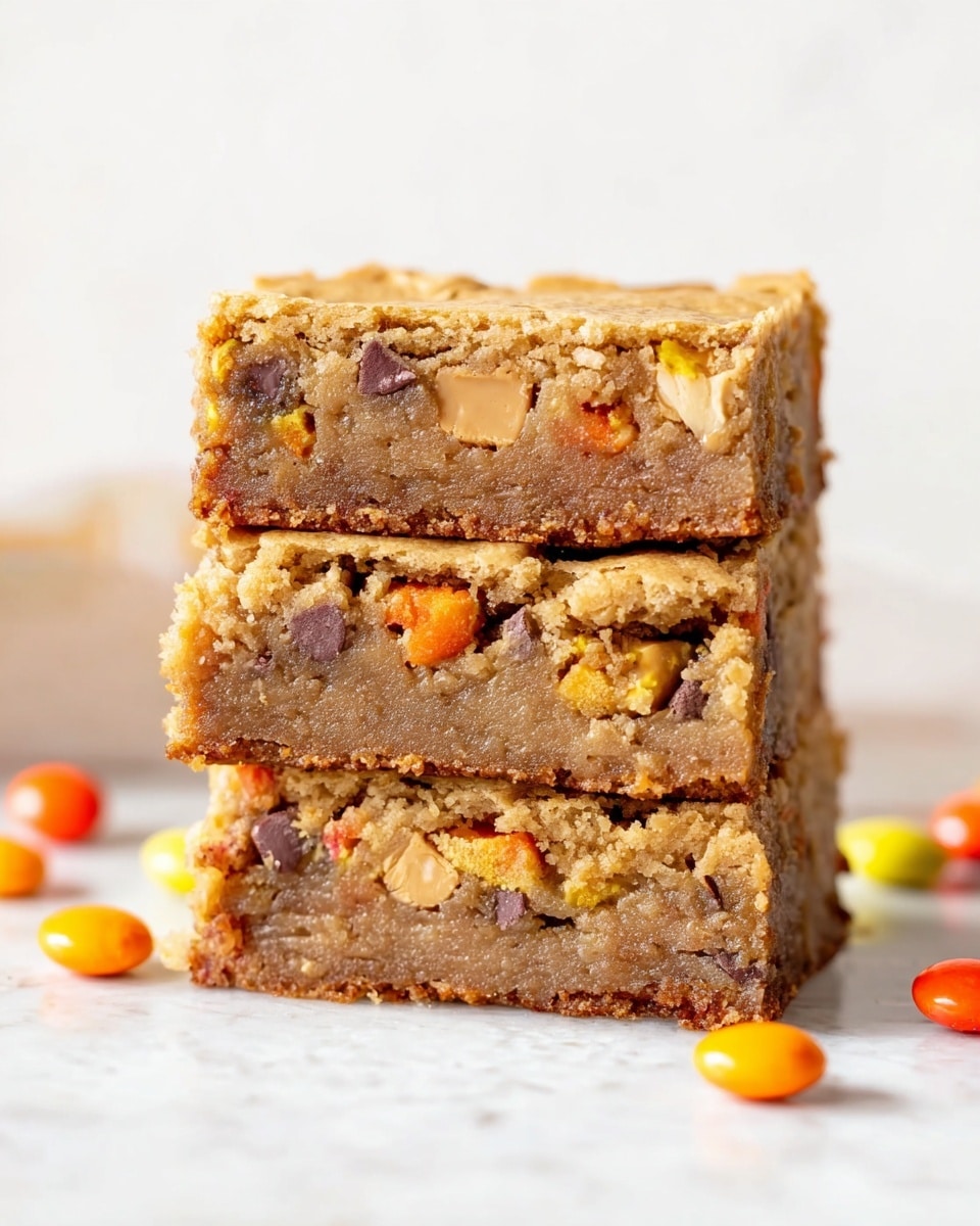 A stack of three thick blondie bars showing a soft, moist, and slightly crumbly texture. Each bar has a golden-brown color with visible chunks of peanut butter candies embedded throughout, showing orange, yellow, and brown hues. The layers are evenly cut and stacked neatly on a white marbled surface, with a few colorful peanut butter candies scattered around. The top layer has a smooth top crust, while the inside looks dense and rich with bits of chocolate melted in. Photo taken with an iphone --ar 4:5 --v 7