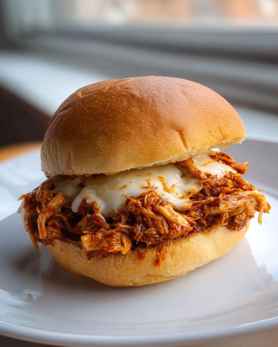 A pulled chicken sandwich on a soft, golden-brown bun sits on a white plate with a white marbled texture background. The sandwich has three main layers: the bottom bun, a thick layer of shredded, saucy pulled chicken in rich reddish-brown tones, and melted white cheese oozing over the chicken, topped by a smooth, slightly browned top bun. The texture of the chicken looks juicy and tender, while the cheese appears creamy and stretches slightly over the meat. The sandwich fills most of the plate, positioned close to a softly lit window. photo taken with an iphone --ar 4:5 --v 7