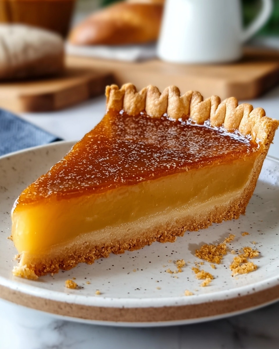A single slice of pie is shown on a white plate with a slightly speckled texture. The pie has three visible layers: a golden-brown crust at the bottom, a thick, smooth, translucent yellow filling in the middle, and a shiny, caramelized dark amber top layer with a slightly glossy texture. The crust is crumbly and has a detailed, crimped edge. There are a few crumbs scattered on the plate near the pie slice. The setting includes a blurred white teapot and a wooden cutting board with bread in the background on a white marbled surface. Photo taken with an iphone --ar 4:5 --v 7