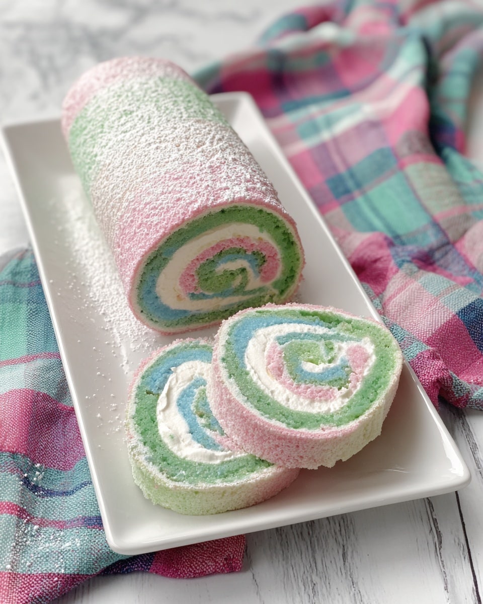 A rolled cake with three visible layers of pastel colors on the outside: pink, green, and blue, dusted with white powdered sugar, sits on a white rectangular plate. The cake is sliced into three pieces showing the spiral pattern inside with layers of white cream and swirling pastel colors matching the outside. The plate rests on a white marbled surface with a colorful pastel plaid cloth beside it. photo taken with an iphone --ar 4:5 --v 7