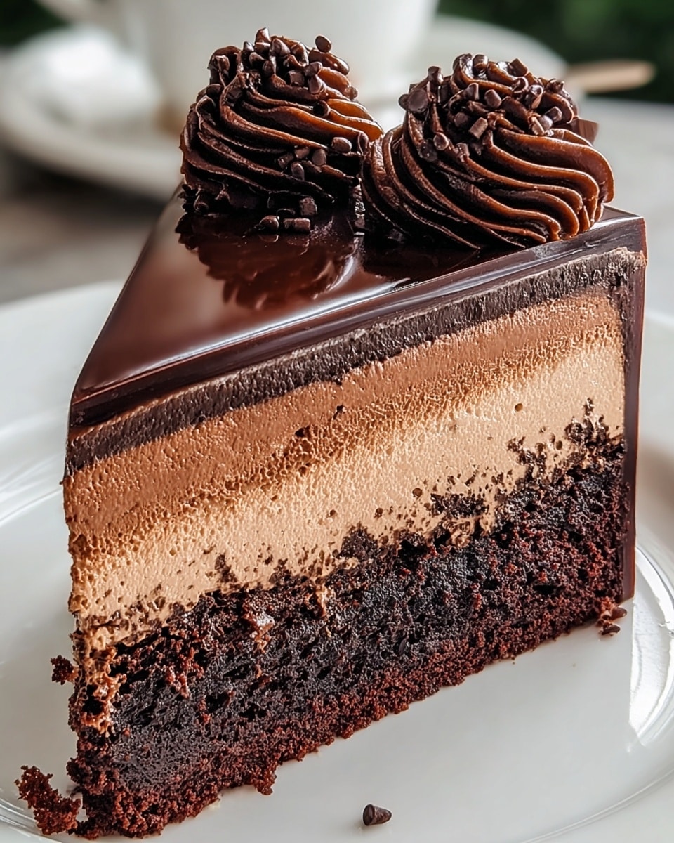 A chocolate cake slice with three layers sits on a white plate on a white marbled surface; the bottom and top layers are dark, moist chocolate cake, while the middle layer is thick, light brown chocolate mousse. The top of the cake is covered with a smooth, shiny dark chocolate glaze, and two swirls of dark chocolate cream covered with small chocolate pieces decorate the top corner. The edges of the cake are clean and sharp, with some cake crumbs along the base. photo taken with an iphone --ar 4:5 --v 7