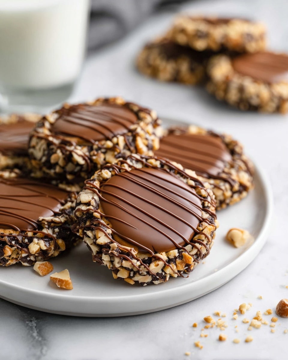 A white plate holds several round cookies with three distinct layers: the outer edge is covered in chopped nuts creating a rough and light brown texture, the middle layer is a dark chocolate cookie base that is visible just inside the nut edge, and the top center is a smooth, glossy caramel disk in a rich golden brown color. Each cookie is drizzled with thin lines of milk chocolate over the caramel and cookie layers. The background features a white marbled texture sprinkled with chopped nuts, and in the back, a glass of milk and a couple more cookies rest slightly out of focus. photo taken with an iphone --ar 4:5 --v 7