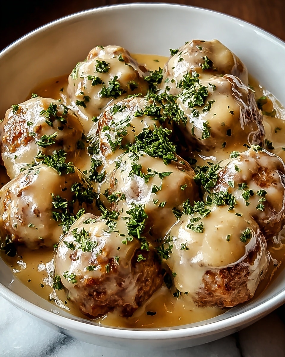 A white bowl filled with about ten brown meatballs covered in smooth, creamy beige sauce. The sauce coats each meatball evenly, dripping slightly down the sides. On top, fresh green chopped herbs are sprinkled, adding a fresh contrast to the warm colors. The bowl sits on a surface with a white marbled texture, and the photo captures the shine on the sauce and the texture of the meatballs clearly. photo taken with an iphone --ar 4:5 --v 7
