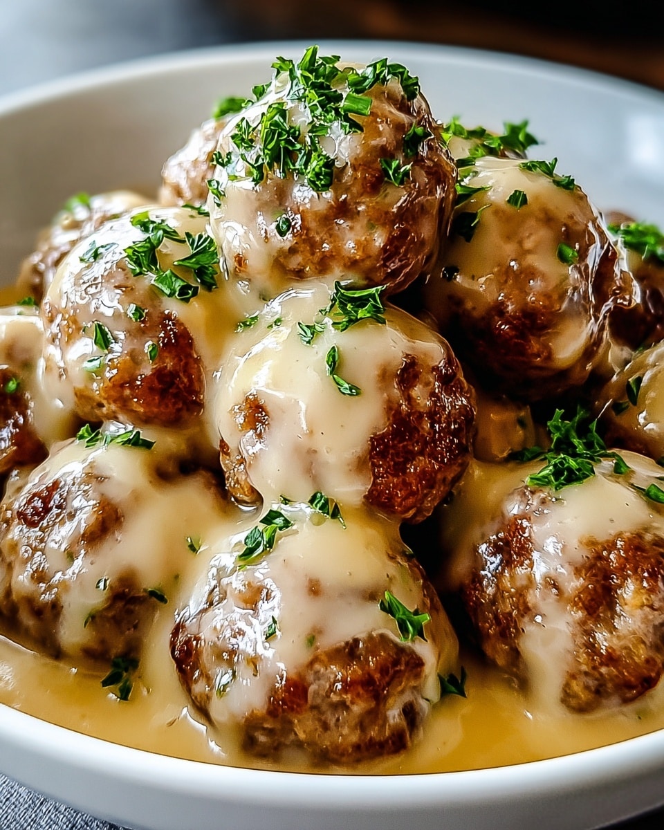 A white bowl filled with a layer of golden-brown cooked meatballs, each meatball coated generously with a smooth, creamy light beige sauce that drips slightly down the sides. The meatballs have a textured, slightly rough surface showing the cooked ground meat with a shiny glaze. Fresh small pieces of bright green chopped herbs are sprinkled evenly over the top, adding a pop of color and freshness. The light beige sauce pools lightly at the bottom, creating a rich, glossy look around the base of the meatballs. The dish is presented on a white marbled surface. photo taken with an iphone --ar 4:5 --v 7