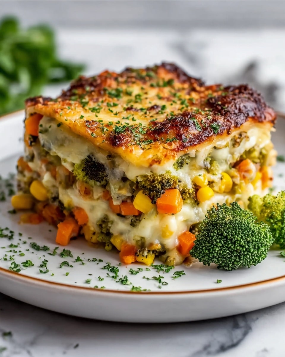 A thick square piece of vegetable lasagna sits on a white plate with a thin gold rim, placed on a white marbled surface. The lasagna has four visible layers: the top layer is golden brown with a slightly crispy texture and sprinkled with green herbs; below it is a creamy white melted cheese layer mixed with green broccoli pieces; the third layer shows melted cheese covering bright orange carrot chunks and yellow corn kernels; the bottom layer contains a soft mixture of vegetables with visible carrots and small green herbs. Some chopped green herbs and a small broccoli floret decorate the plate beside the lasagna, adding a fresh touch. photo taken with an iphone --ar 4:5 --v 7