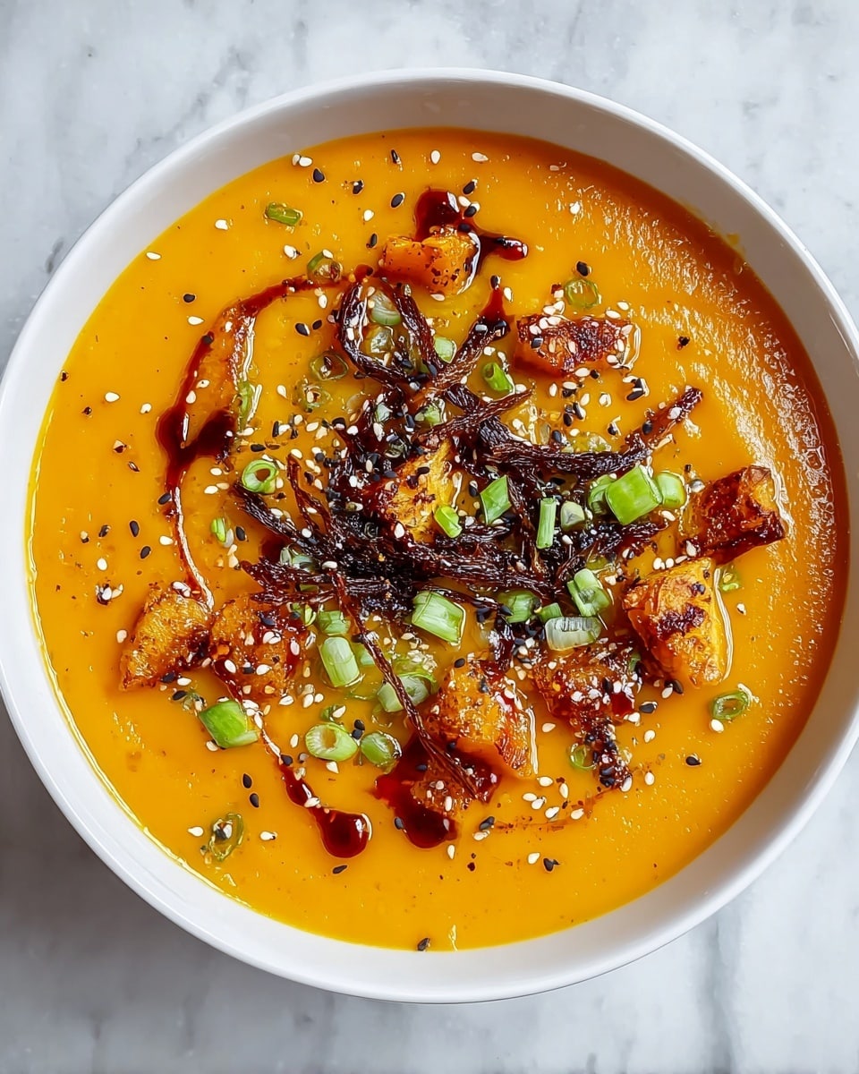 A white bowl filled with smooth, bright orange soup forms the base layer, topped with a middle layer of golden-brown chunks of roasted vegetables and dark, thin crispy strips, scattered with small green sliced scallions. Over this, there is a drizzle of dark reddish-brown sauce and a sprinkling of white and black sesame seeds that add texture and contrast. The bowl rests on a white marbled surface that highlights the warm colors of the dish. photo taken with an iphone --ar 4:5 --v 7