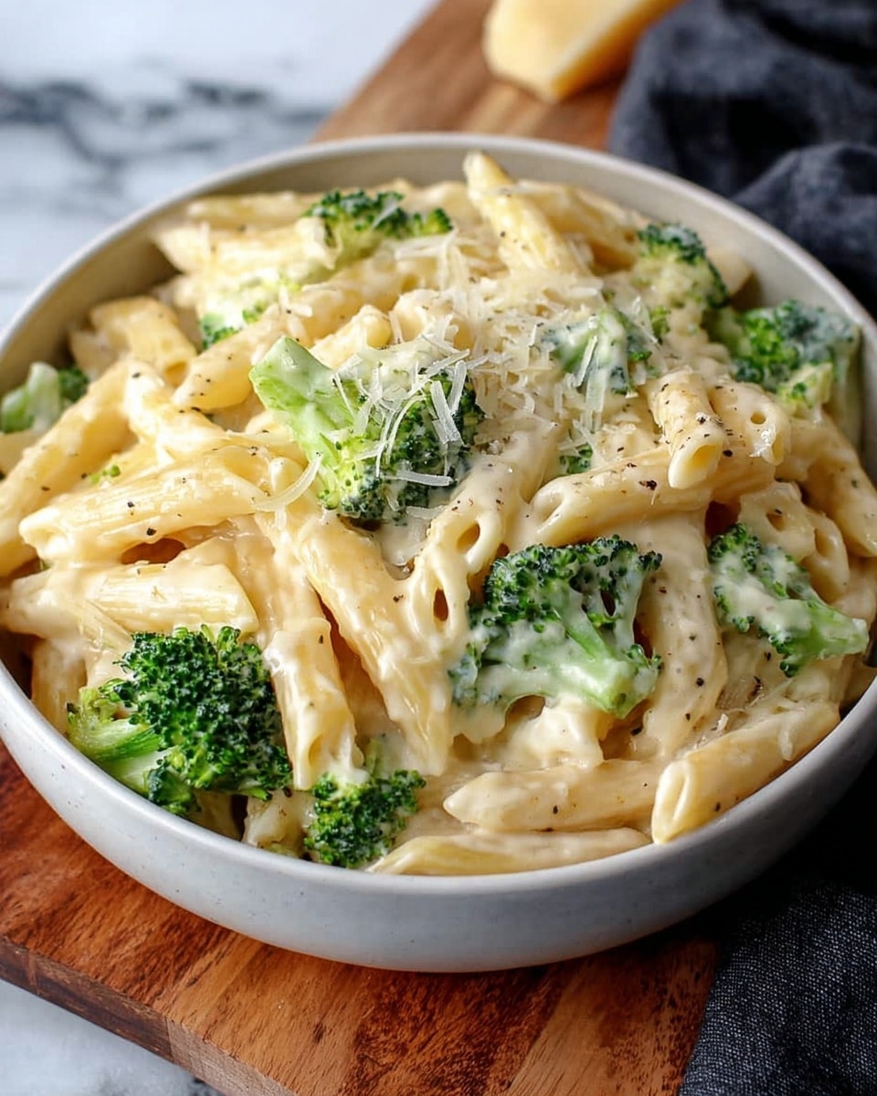 A white bowl filled with creamy pasta made of short, tubular penne noodles covered in a smooth, off-white cheese sauce. Scattered throughout the pasta are small, bright green broccoli florets that add color and texture. A light sprinkle of grated cheese tops the dish, melting slightly into the sauce. The bowl is placed on a wooden surface with a dark cloth nearby, but the background has been changed to a white marbled texture. photo taken with an iphone --ar 4:5 --v 7