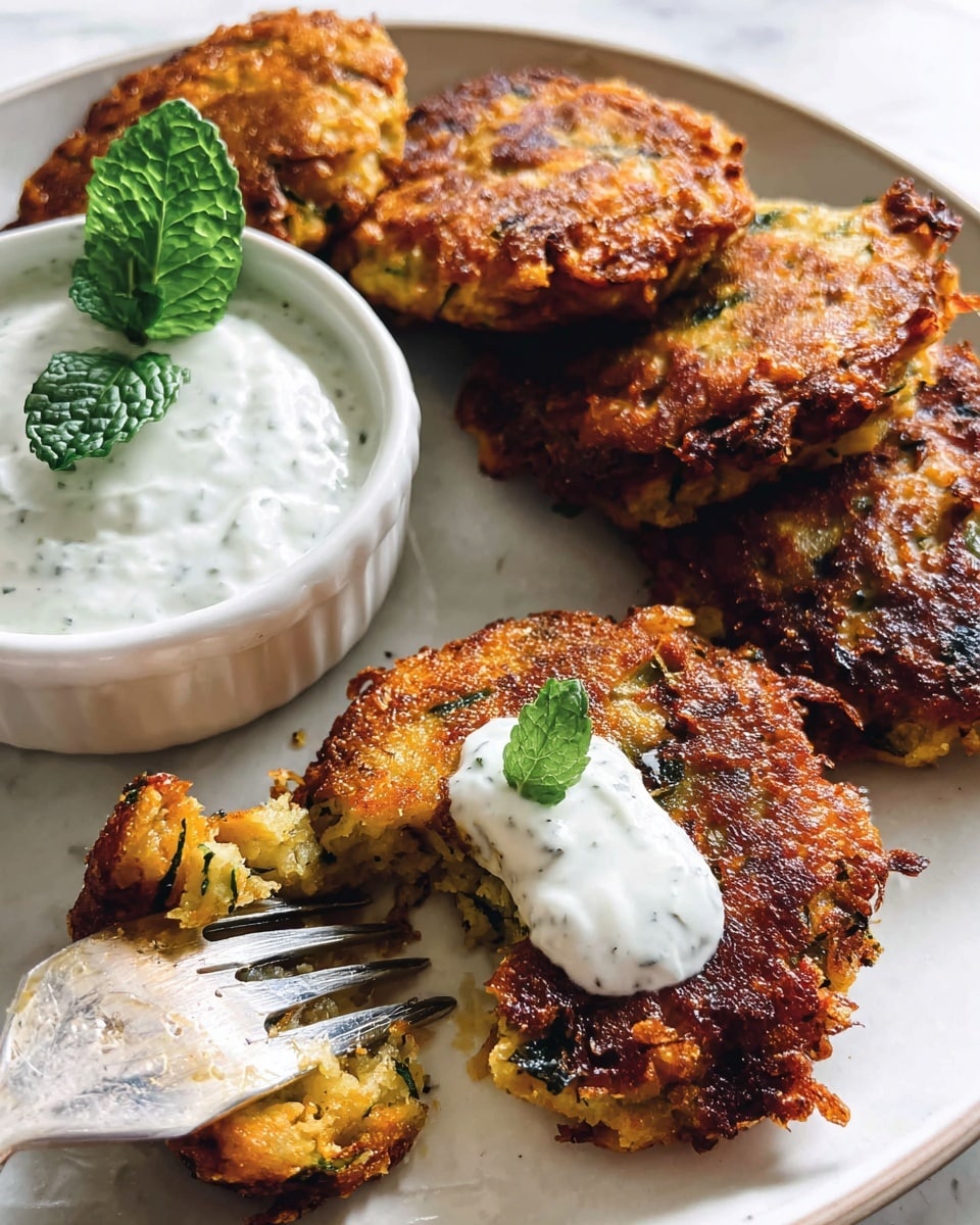 The image shows a white plate with six golden-brown crispy patties arranged in a small pile, each with visible green herb pieces inside and a fresh green mint leaf on top. To the top left of the plate, there is a small white bowl filled with a creamy white dip garnished with a mint leaf. The plate sits on a white marbled surface, creating a clean and fresh look. photo taken with an iphone --ar 4:5 --v 7