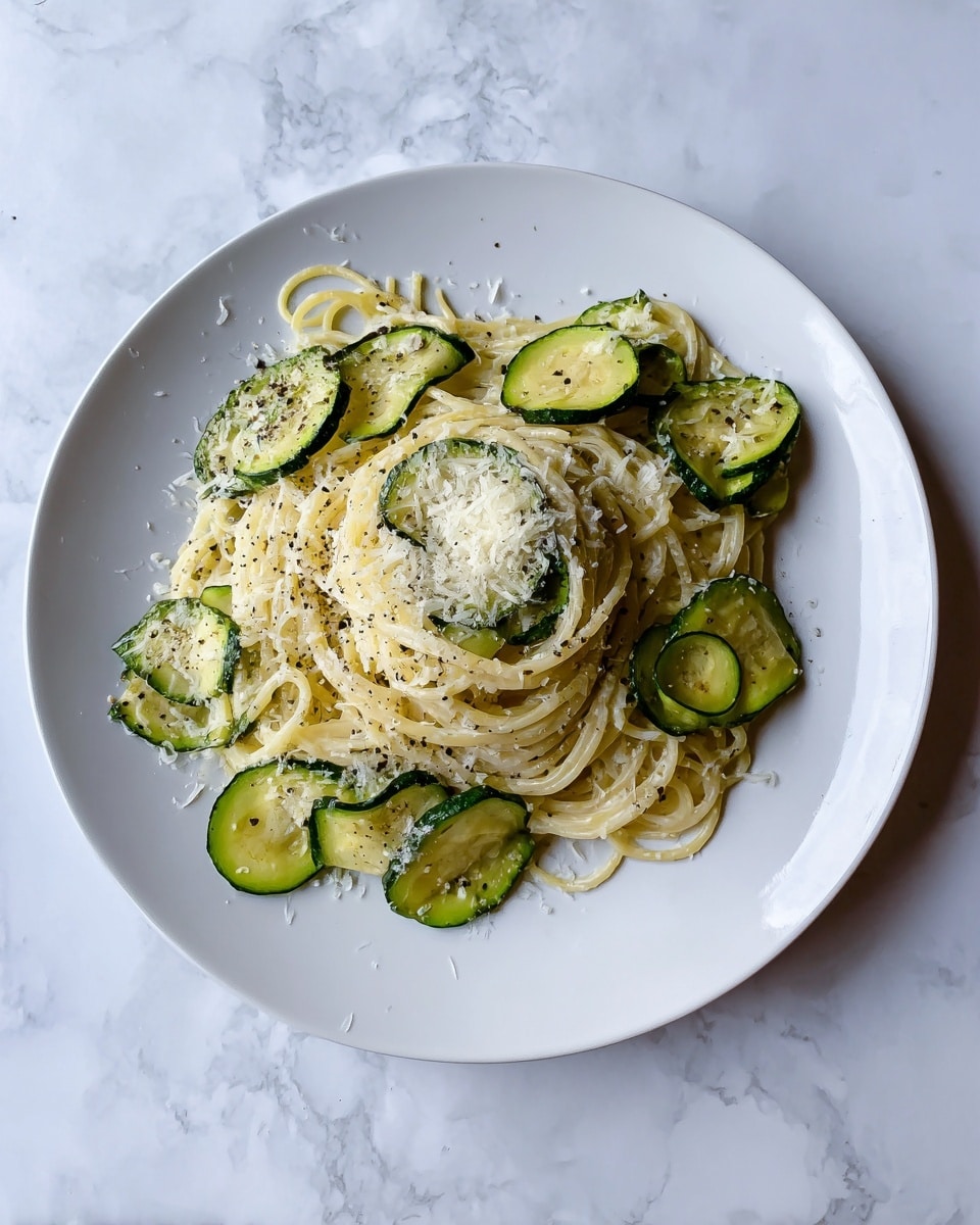 A white plate with a serving of spaghetti pasta sits on a white marbled surface. The pasta is coated lightly with a creamy sauce and sprinkled with finely grated white cheese, creating a soft, textured layer on top. Thin, curled slices of green zucchini with dark green edges are scattered over and around the pasta, adding contrast and a fresh, glossy look. Specks of black pepper are visible across the zucchini and pasta, adding small dark details to the dish. The arrangement is neat, with the pasta forming a loose mound in the center and the zucchini slices artistically placed around it. photo taken with an iphone --ar 4:5 --v 7