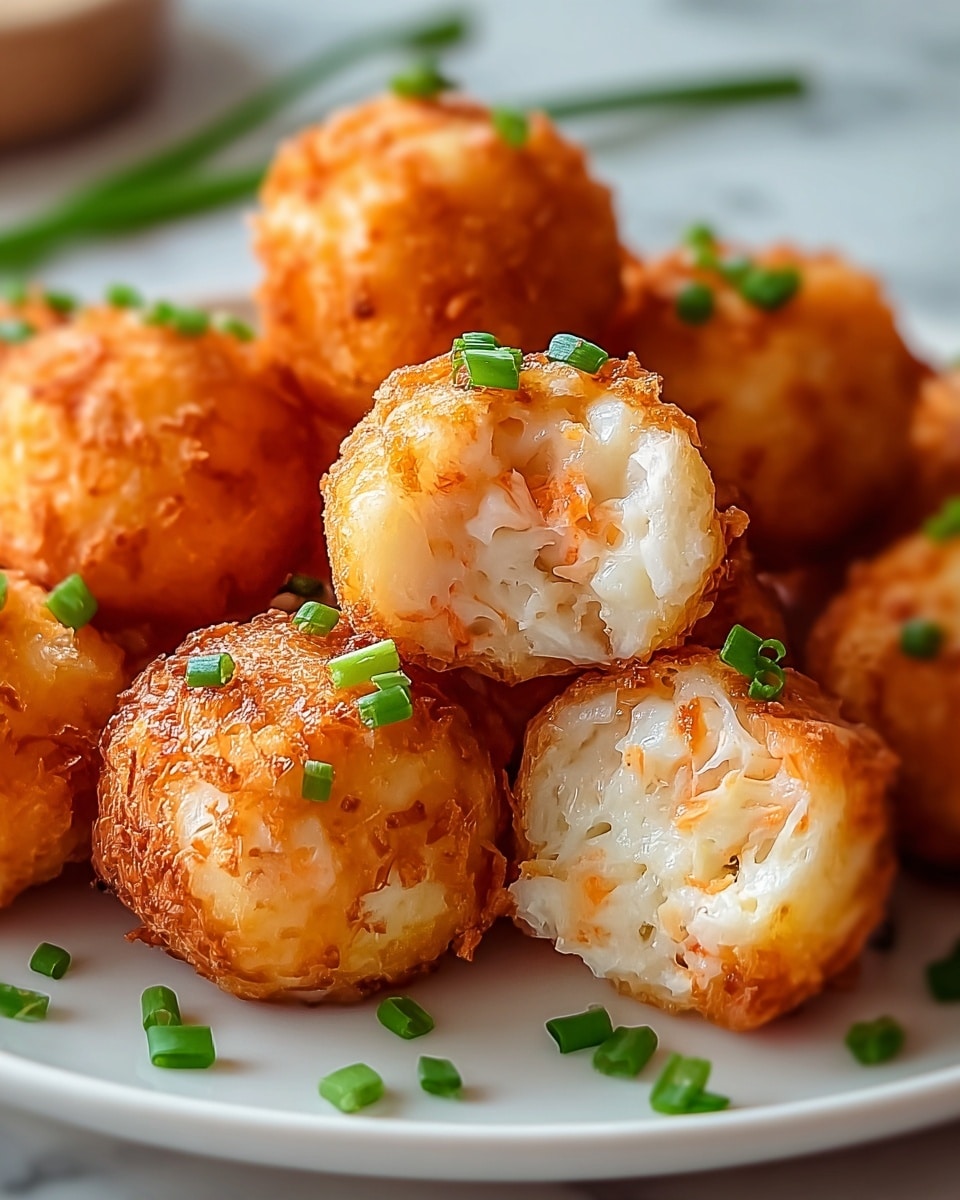 A close-up view of small, round fried balls with a golden brown, crispy outer layer on a white plate. One ball is cut open, showing a soft, white inside with bits of orange, likely shrimp, mixed into the filling. Green chopped chives are scattered on top and around the balls, adding color contrast. The background is softly blurred with a white marbled texture surface. Photo taken with an iphone --ar 4:5 --v 7