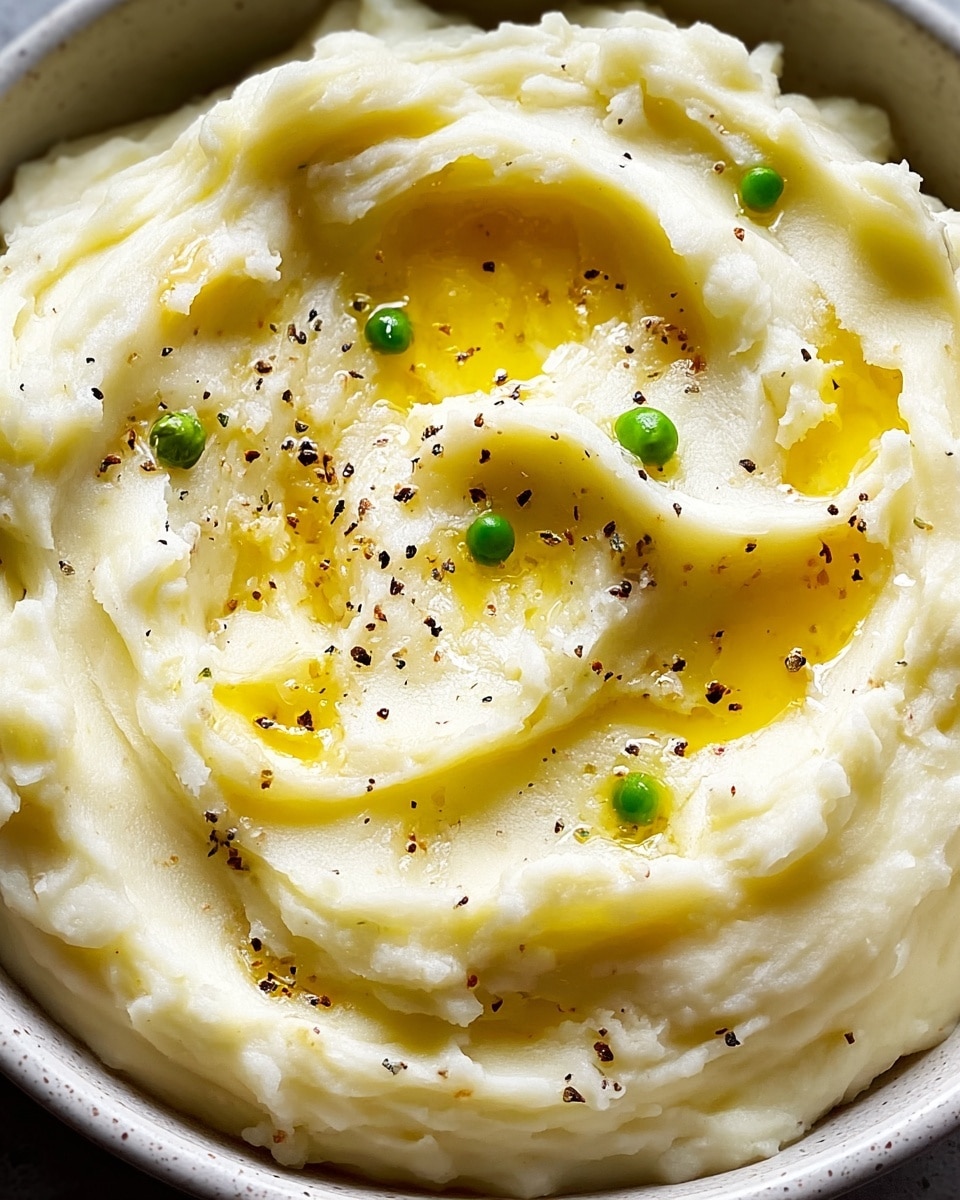 A close-up view of creamy mashed potatoes in a white bowl with a smooth, thick texture creating gentle waves and swirls across the surface; golden melted butter pools in the center crevices, topped with a few small green peas and scattered black pepper flakes adding contrast; the overall color is warm and soft with the white mashed potatoes forming the main layer and the yellow butter and black specks as accents; photo taken with an iphone --ar 4:5 --v 7