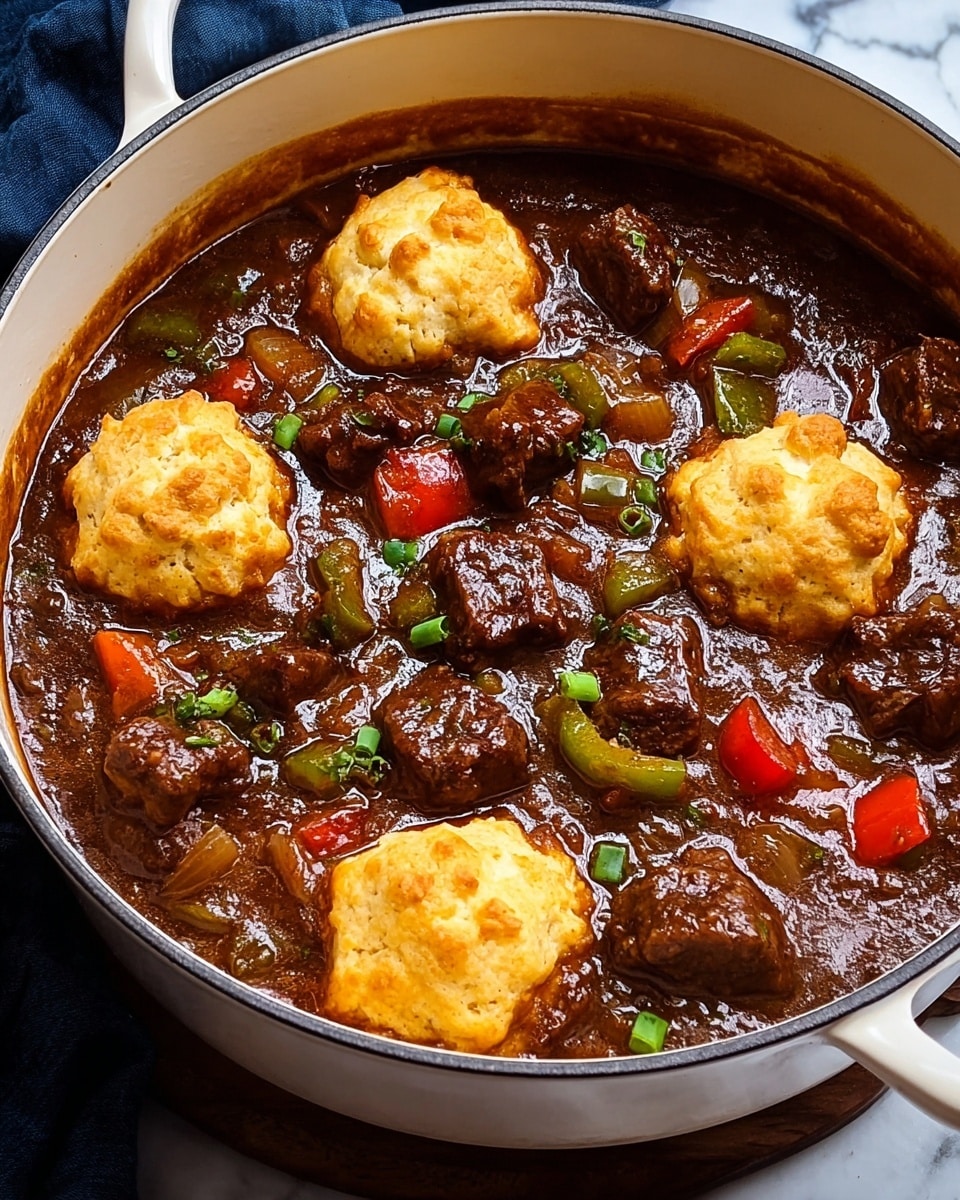 A white pot filled with a thick, dark brown stew, containing beef cubes that are richly cooked and dark brown in color, scattered throughout. Bright red and green bell pepper pieces along with translucent onion chunks float in the stew, adding pops of color and texture. Four golden, slightly browned biscuit dollops sit on top, contrasting with the deeper tones of the stew. The pot is placed on a white marbled surface with a dark blue cloth nearby. Photo taken with an iphone --ar 4:5 --v 7