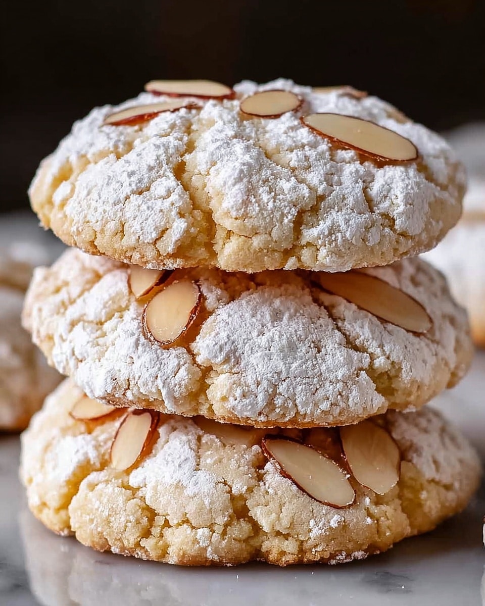 The image shows a close-up of a stack of three round cookies placed one on top of another. Each cookie is light golden brown in color with a slightly cracked texture and dusted generously with white powdered sugar. On the surface of each cookie, there are several thin, oval-shaped almond slices with a light beige color and brown edges scattered evenly. The cookies look soft but slightly crumbly, and they sit directly on a smooth reflective surface with a white marbled texture blurred in the background. photo taken with an iphone --ar 4:5 --v 7