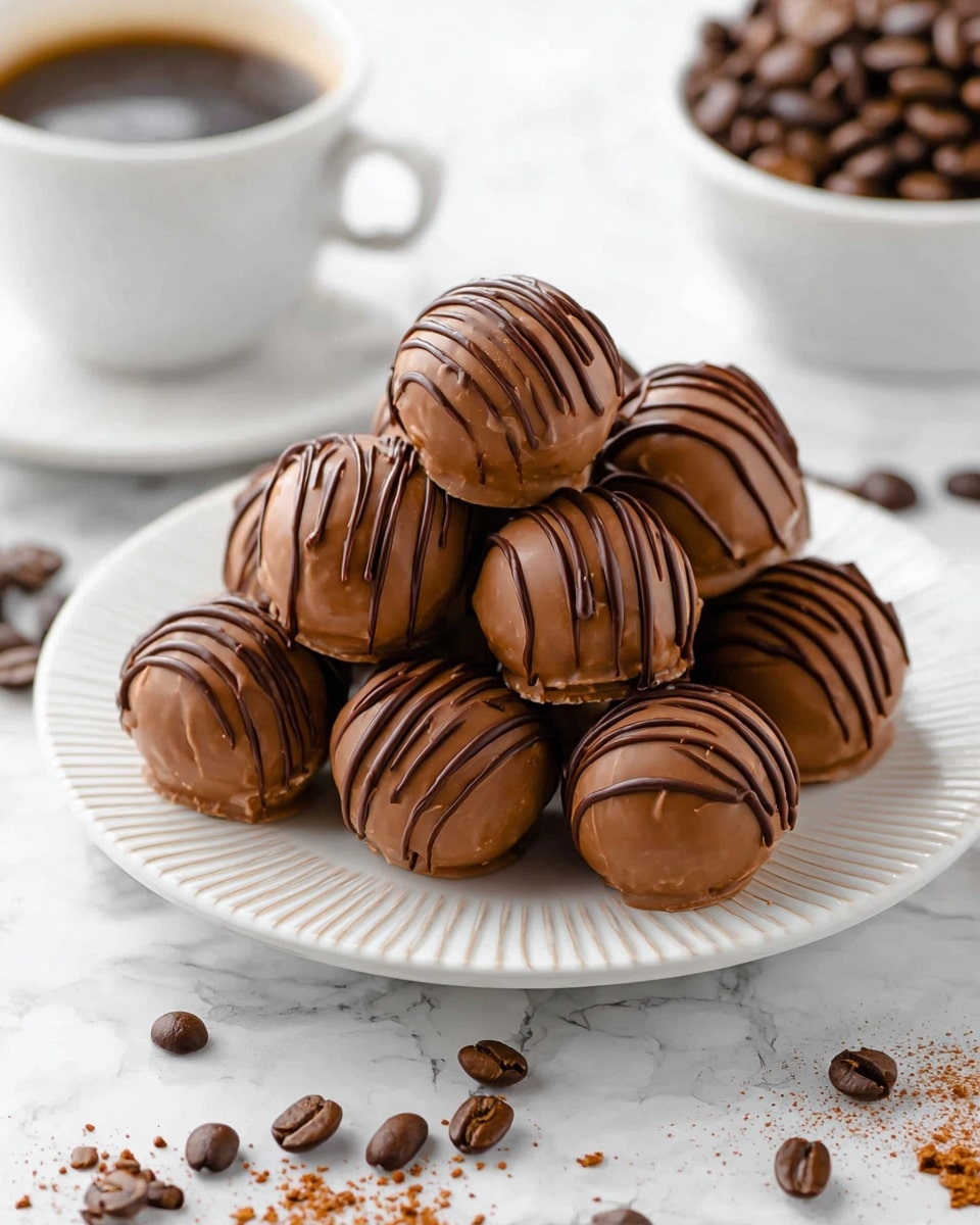 A white plate with a ridged edge holds a pile of round chocolate truffles. Each truffle is smooth and covered in milk chocolate with thin, darker chocolate drizzled in wavy lines on top. The truffles are stacked in a loose pyramid shape in the center of the plate. Around the plate are scattered coffee beans and small bits of chocolate on a white marbled surface. In the background, a white bowl filled with more coffee beans is slightly blurred. photo taken with an iphone --ar 4:5 --v 7