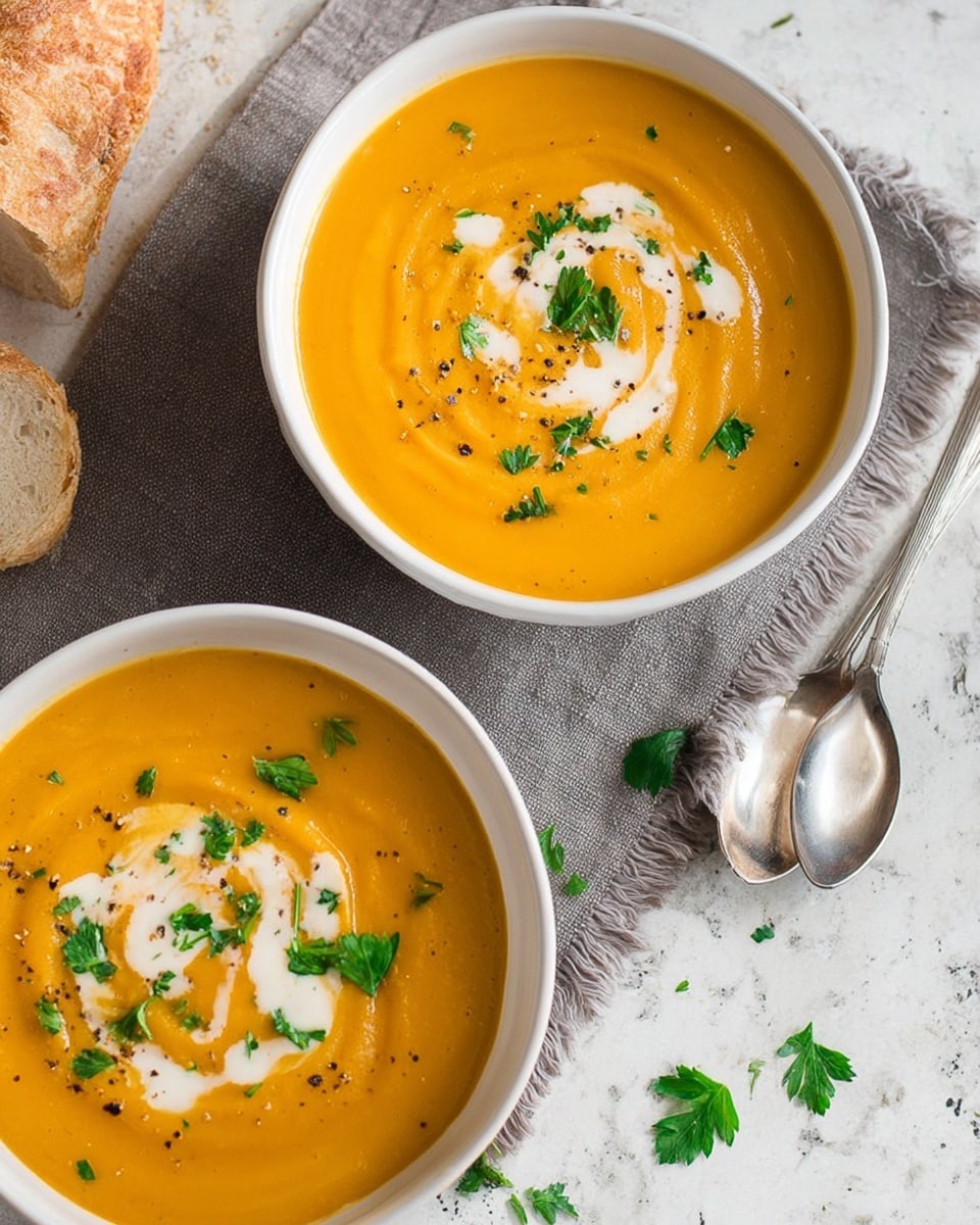 A white bowl filled with smooth orange soup that has a thick texture, swirled with white cream in a circular pattern on top. Small green herb leaves are scattered evenly across the surface, and a few specks of black pepper are visible. The bowl is placed on a beige cloth with frayed edges, sitting on a white marbled surface. Two shiny silver spoons rest next to the bowl, and a piece of toasted bread with a golden crust is partly visible in the background. Photo taken with an iphone --ar 4:5 --v 7